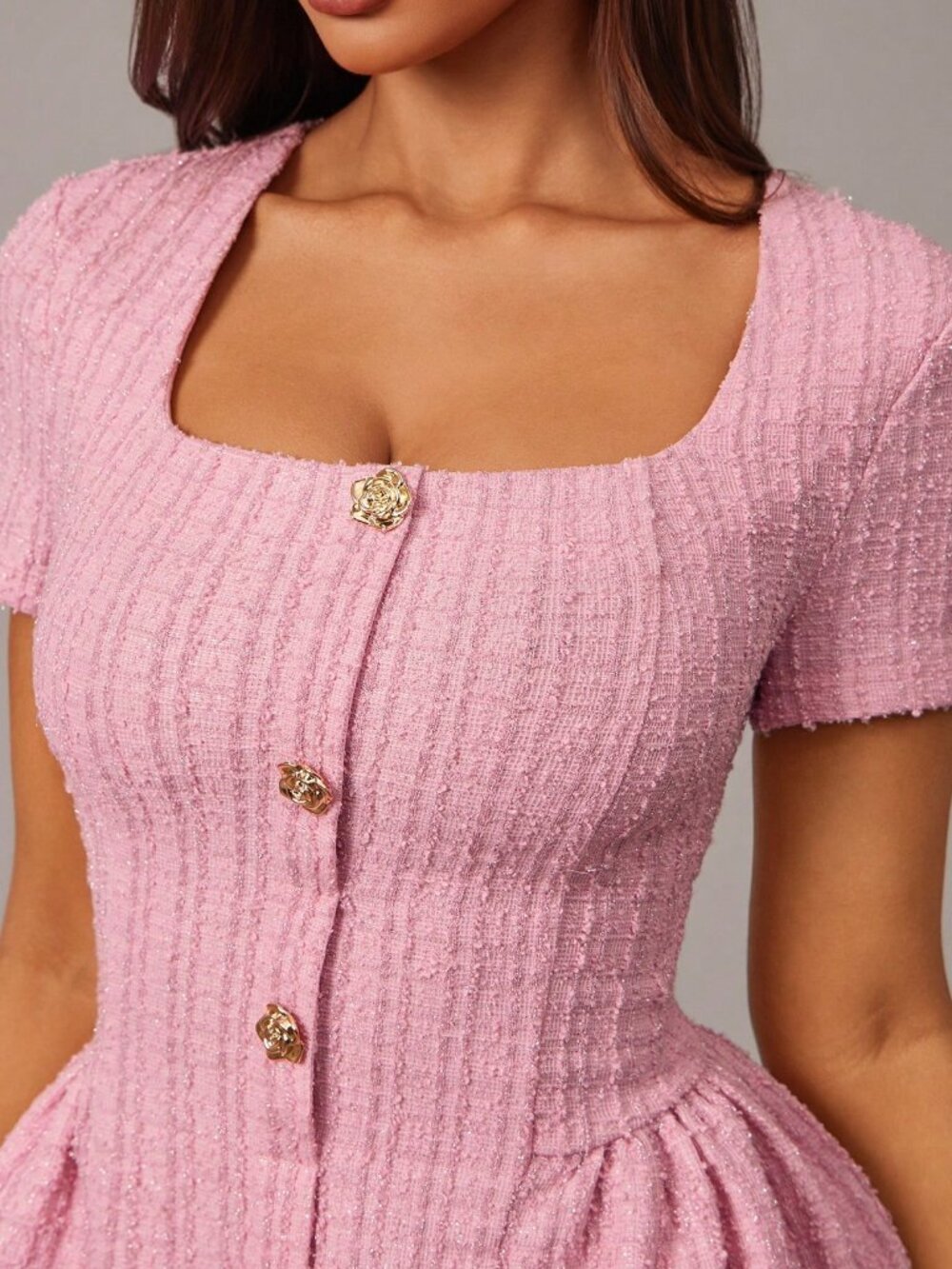 Pink Casual Elegant Women's Metal-Buckle Tweed A-Line Skirt Party Mini Dress - Picture 6 of 6